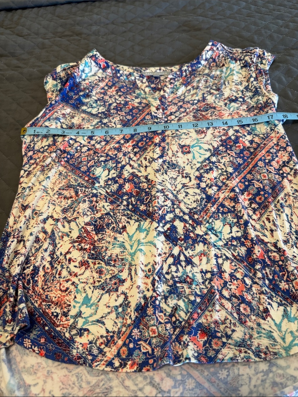 Daniel Rainn Short Sleeve Patchwork Floral Top in Blue, Cream and Coral
